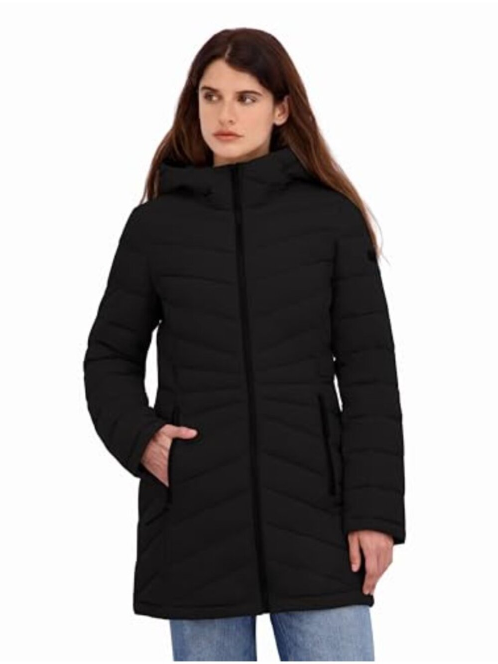 Womens Plus Size Chevron Puffer Coat Faux Fur Collar Hooded